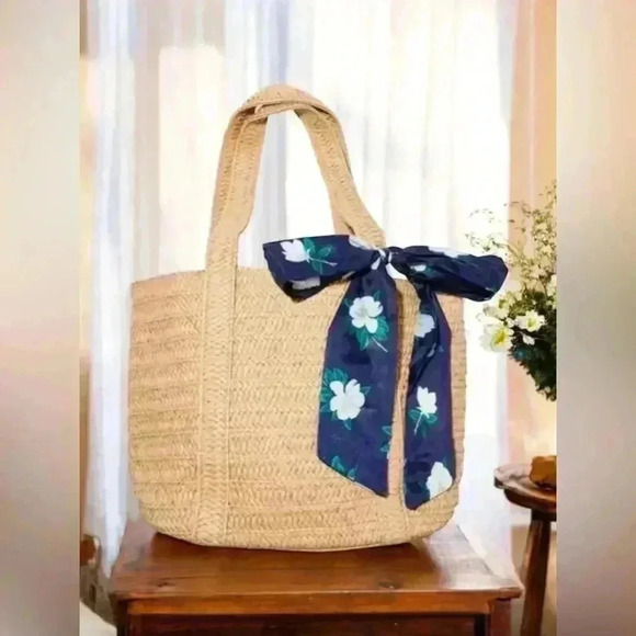 Draper James Everyday Straw Bag Tote Purse with Scarf Bow Travel Beach Preppy - Picture 10 of 15